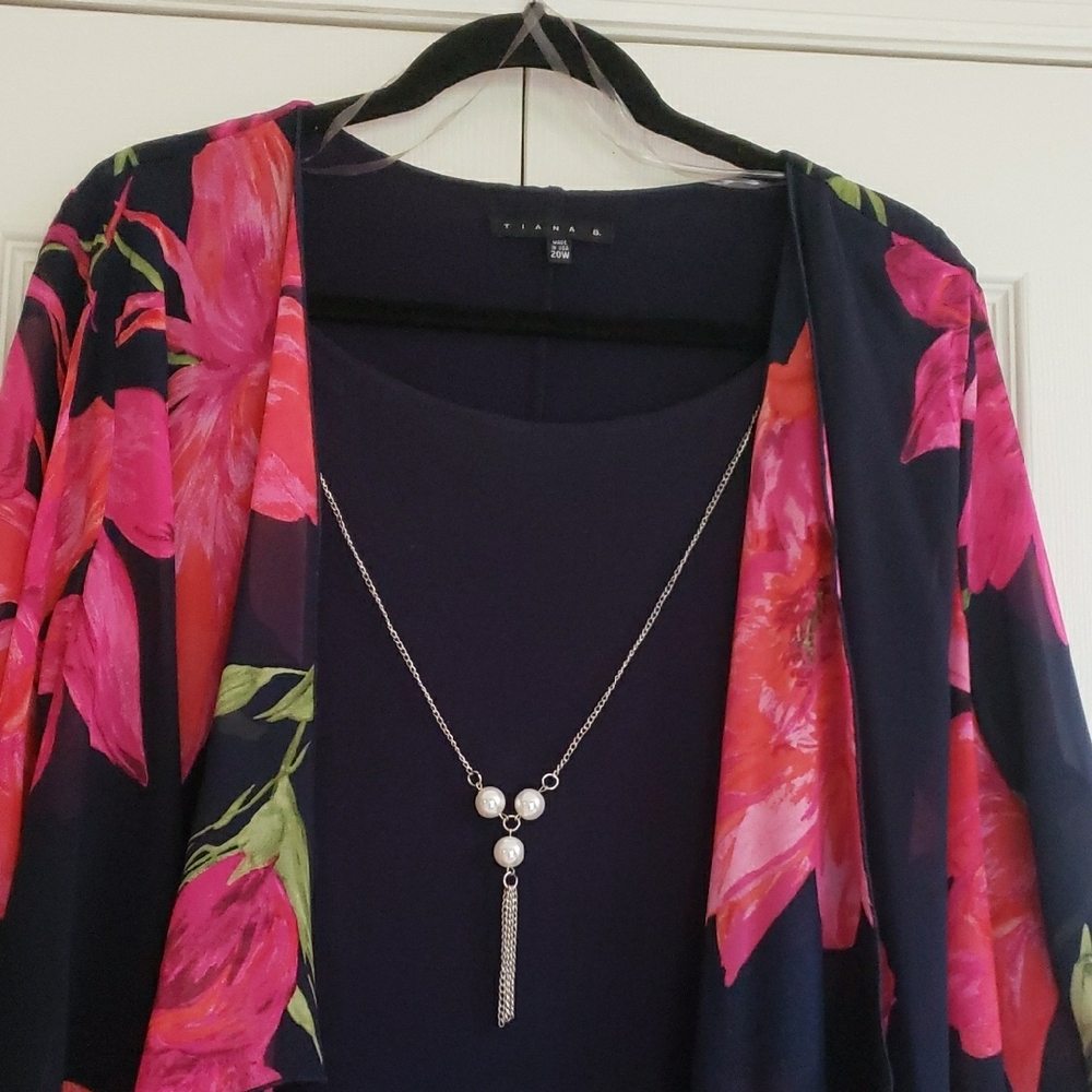 Tiana B Women's Printed Floral Chiffon Mock Overlay Kimono Dress w/Necklace - Picture 2 of 14